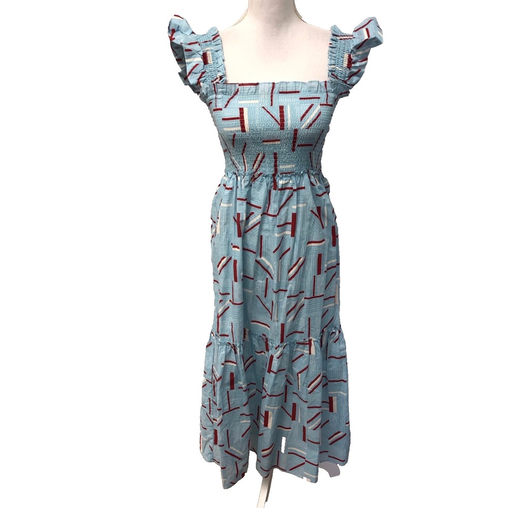 Tuckernuck Smocked Tiered Midi Dress Womens XS Blue Flutter Sleeve Boho Artsy